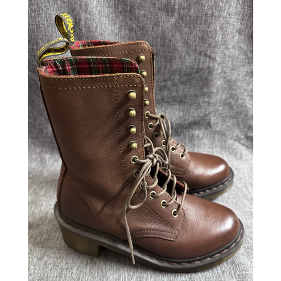 Dr. Martens Shoes - Dr. Martens Boots CASEY Brown Leather Plaid Airwair Rugged Laced Heel Size 6